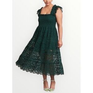 Hill House Home The Ellie Nap Dress Medium Green Lace Smocked Tiered Midi